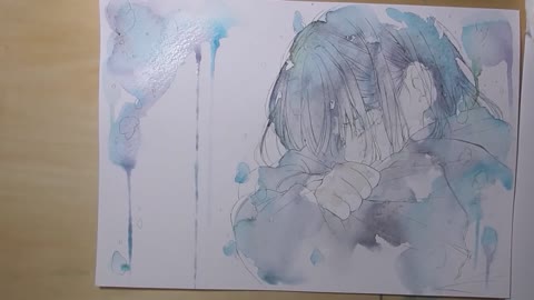 Draw a crying girl in watercolor