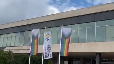 LGBT activists raised the flag of "Belgrade Pride" today outside the Palata Srbije.