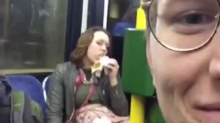 Girl green shirt eating food in metro drunk