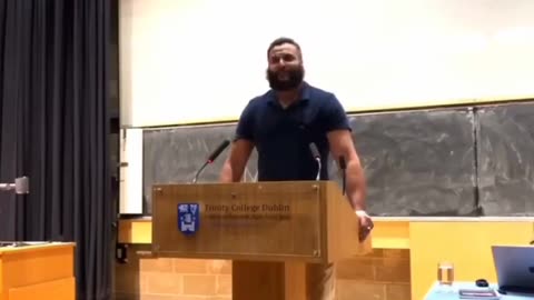 @mohammed_hijab at Trinity College Dublin mocks Ireland's armed forces.