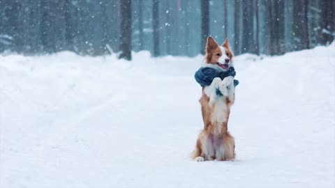 Cute border collie dog sit on hind legs in winter