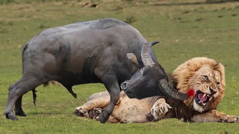 OMG... Angry Mother Buffalo Chew's Lion Head and Killed It To Save Her Calf - Buffalo Vs Lion