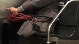 Woman on the subway train looks like she's resuscitating her purse