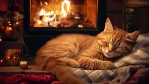 Cozy Room With Purring Cat and Crackling Fireplace🔥Deep Sleep, Stress Relief, Meditate