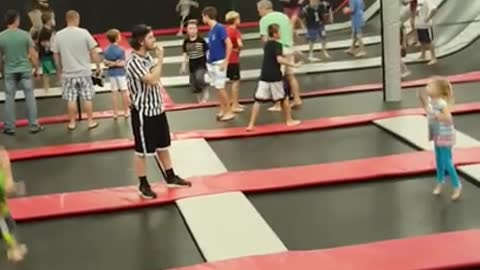 Collab copyright protection - boy skyzone faceplants on white mat