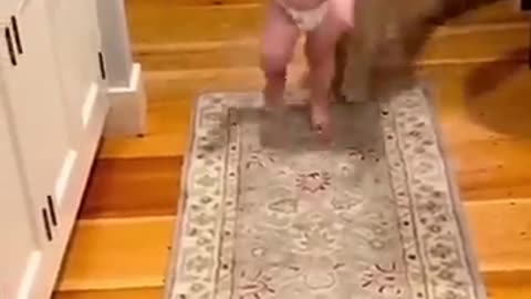 CUTE BABY INJOYS PLAYING WITH DOG