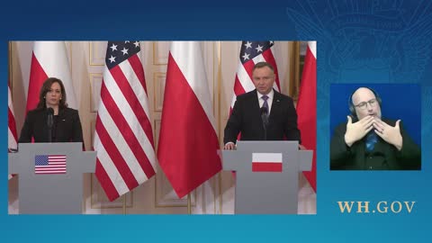 Vice President Harris participates in a press briefing with the president Poland
