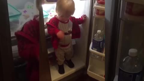 baby sneaks into the refrigerator