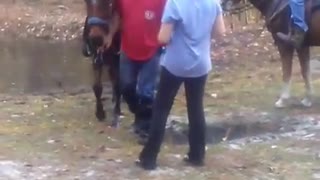 Red shirt horse ride