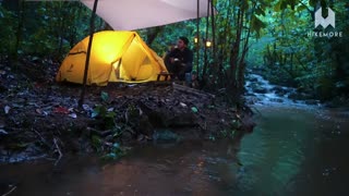 Camping in heavy rain from day to night sleeping soundly on the river bank