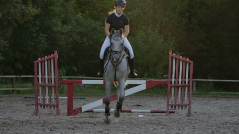 A woman jockey in a black and white suit on a horse makes a jump