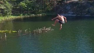 Guy rope swing lets go late falls into water on side