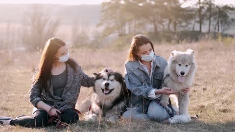 Women With Face Masks Petting Dogs. And playing the cute dogs.
