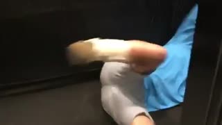 Blue shirt guy falls into open elevator door