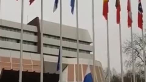Russian Flag being lowered from the Council of Europe in Strasbourg