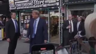 'USA' and 'Four more years!' being chanted as Trump visits a bodega in West Harlem, New York City
