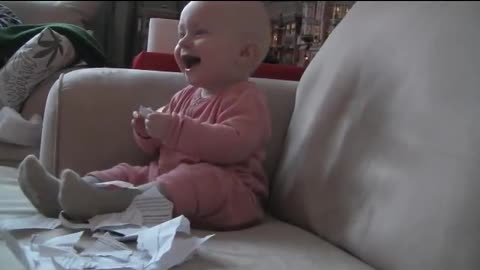 Baby Laughing Hysterically at Ripping Paper funny