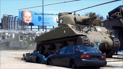 Tanks destroying cars