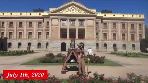 {July 4th, 2020 } The "_ Shaman" Jake Angeli Chansley in front of the Arizona State Capitol . 🇺🇸🏛
