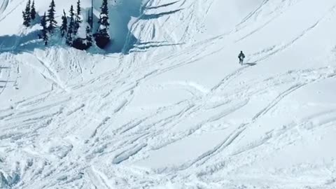 Guy jumps his snowmobile over snow hill and falls off forward