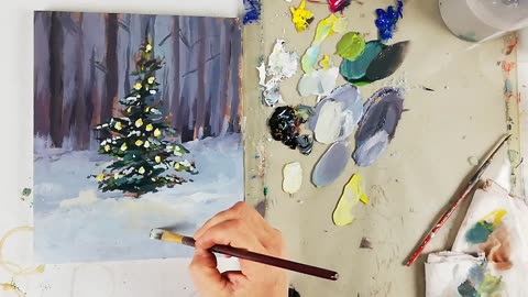 christmas tree painting / painting lesson / limited acrylic palette