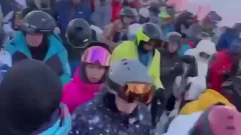 The biggest traffic jam of skiers at the Rosa Khutor resort in Sochi, Russia