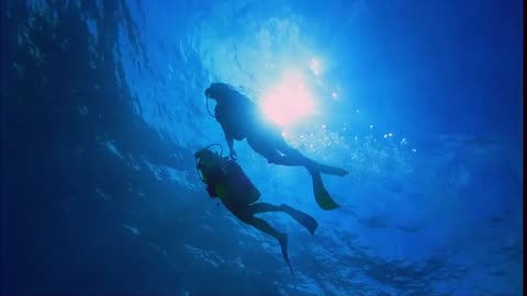 A couple diving off a boat into clear waters