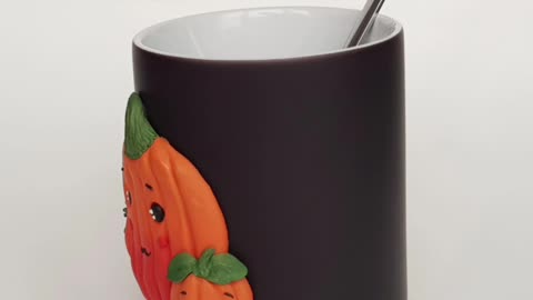Gift mug with pumpkins for Halloween. Black chameleon cup with polymer clay decor by #annealart