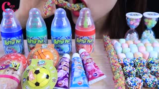 ASMR Bottle pop candy ballongum ropejelly rainjelly mashmallow soccerball baseball jelly mukbang