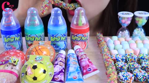ASMR Bottle pop candy ballongum ropejelly rainjelly mashmallow soccerball baseball jelly mukbang
