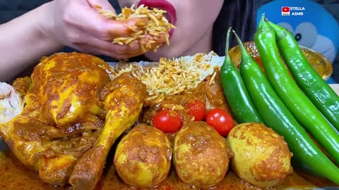 ASMR SPICY WHOLE CHICKEN CURRY, EGG CURRY, CHILI, BASMATI RICE MUKBANG MASSIVE Eating Sounds