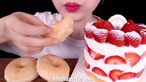 ASMR Krispy Kreme Donuts and Strawberry and whipped cream cake eating. Relaxing.