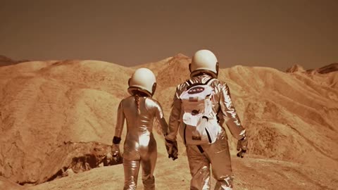 An Astronaut couple walking on mars