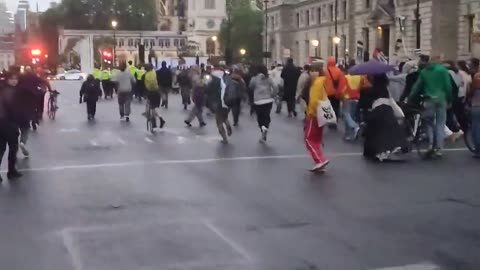 The Met Police run away from a mob of Palestinians in London.