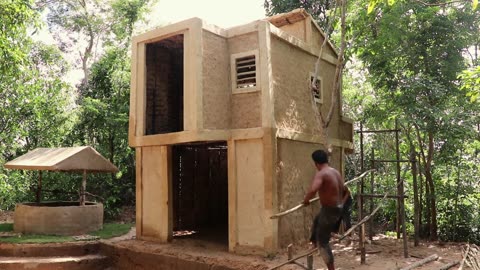 Build Water Slide To Swimming Pool On Tow Story Villa House in Deep Jungle By Ancient Skill