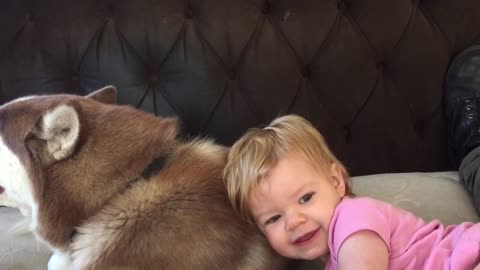 One-year-old baby girl just loves her dog