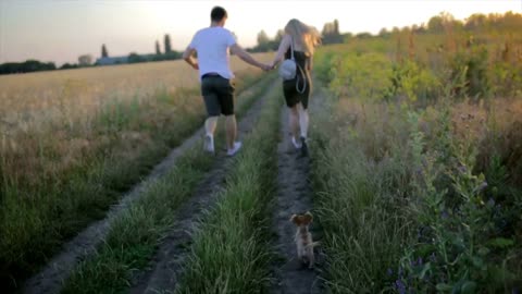 Young happy couple in love with dog having fun outdoors in lupines at sunset
