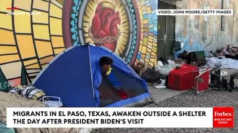 Migrants wake up outside a migrant shelter one day after President Biden paid a visit there