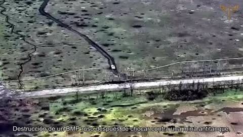 La destrucción de un BMP ruso después de golpear una mina antitanque colocada por paracaidistas de