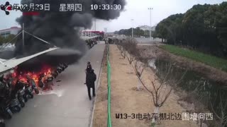 An electric vehicle's lithium batteries set fire to 70 motorcycles and scooters in China