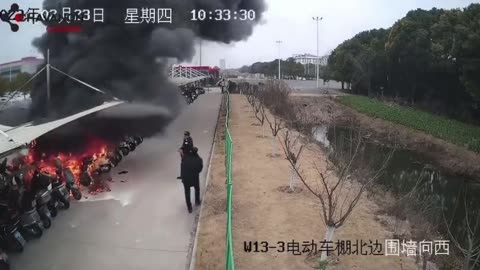 An electric vehicle's lithium batteries set fire to 70 motorcycles and scooters in China