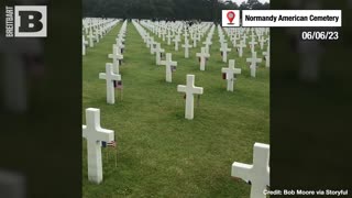 NEVER FORGET: American and French Flags Planted at Headstones in Normandy Cemetery for D-Day