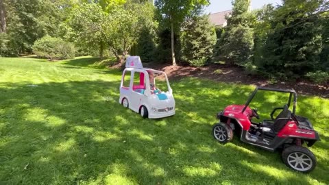 Rescuing ice cream truck with kids RZR and winch. Educational how bounce houses work