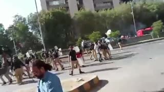 Clashes between former PM Pakistan Imran Khan supporters and police started at Shara-e-Faisal...