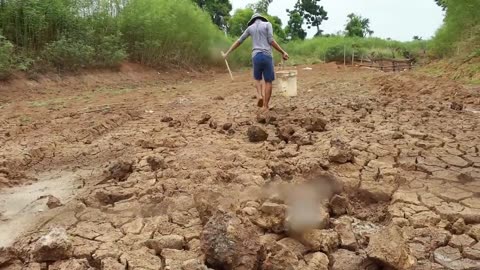 I man catching a fish in dry lands