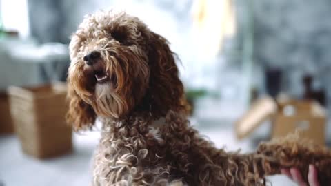 Girl plays with curly dog, smiling cur, dog stand on its hind legs, labradoodle playing