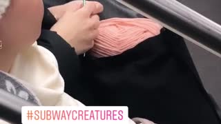 Woman knits pink beanie on subway train