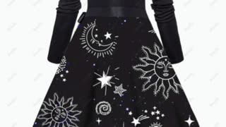 Galaxy Sun Moon Star Print Dress Crisscross Bowknot Belted High Waisted A Line Midi Dress - DRESS...