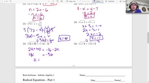 Radical Equations Part 1- Algebra 1 Kuta Worksheet Series