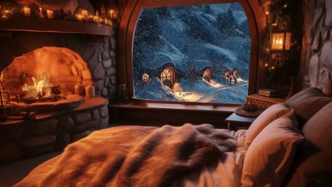 1 Hour Sleep Video Winter Snow Cozy Hobbit Home with Fireplace fire and Wind sounds